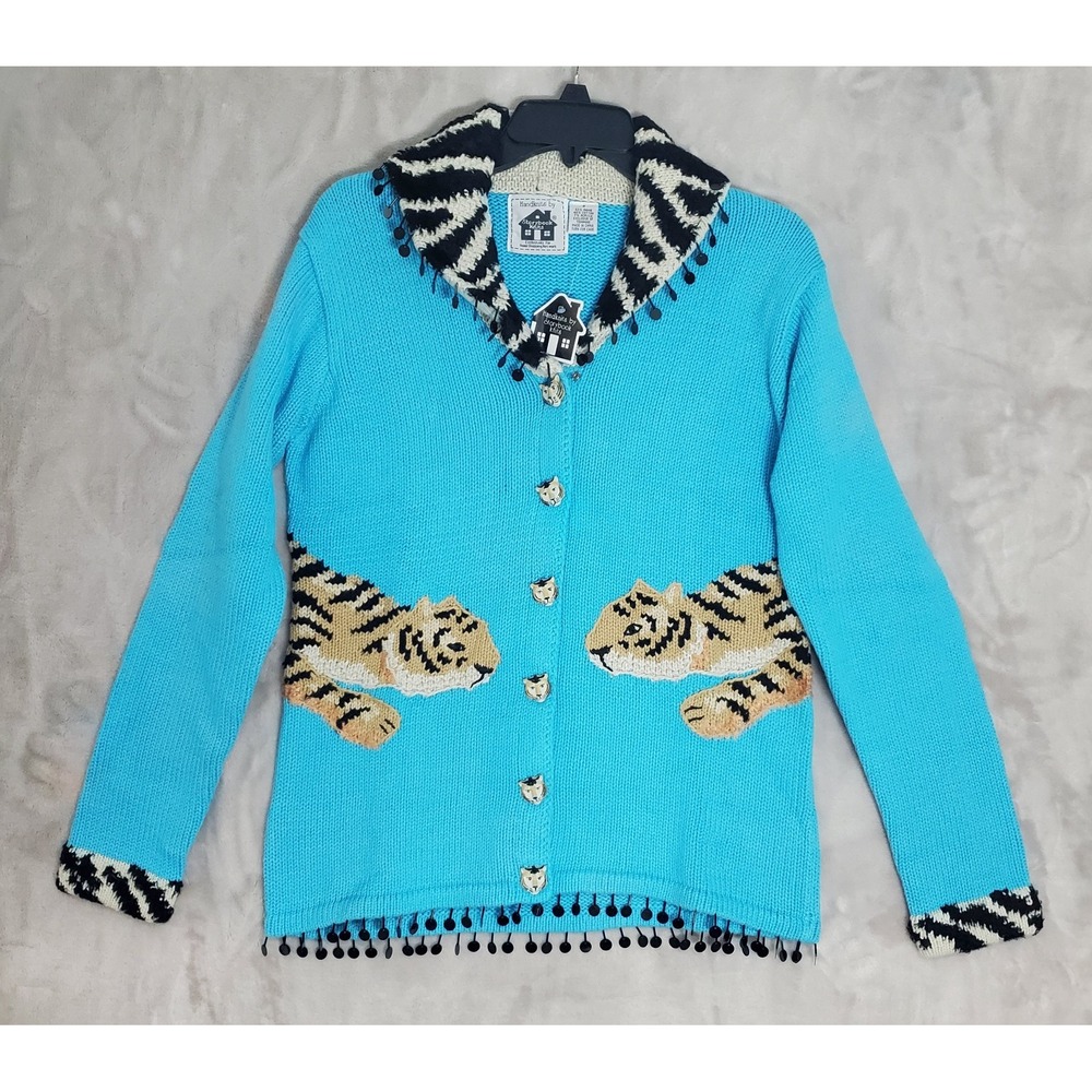 VTG Storybook Knits Tiger Pair Blue Cardigan Womens S Tiger Cat Hand Knit NWT